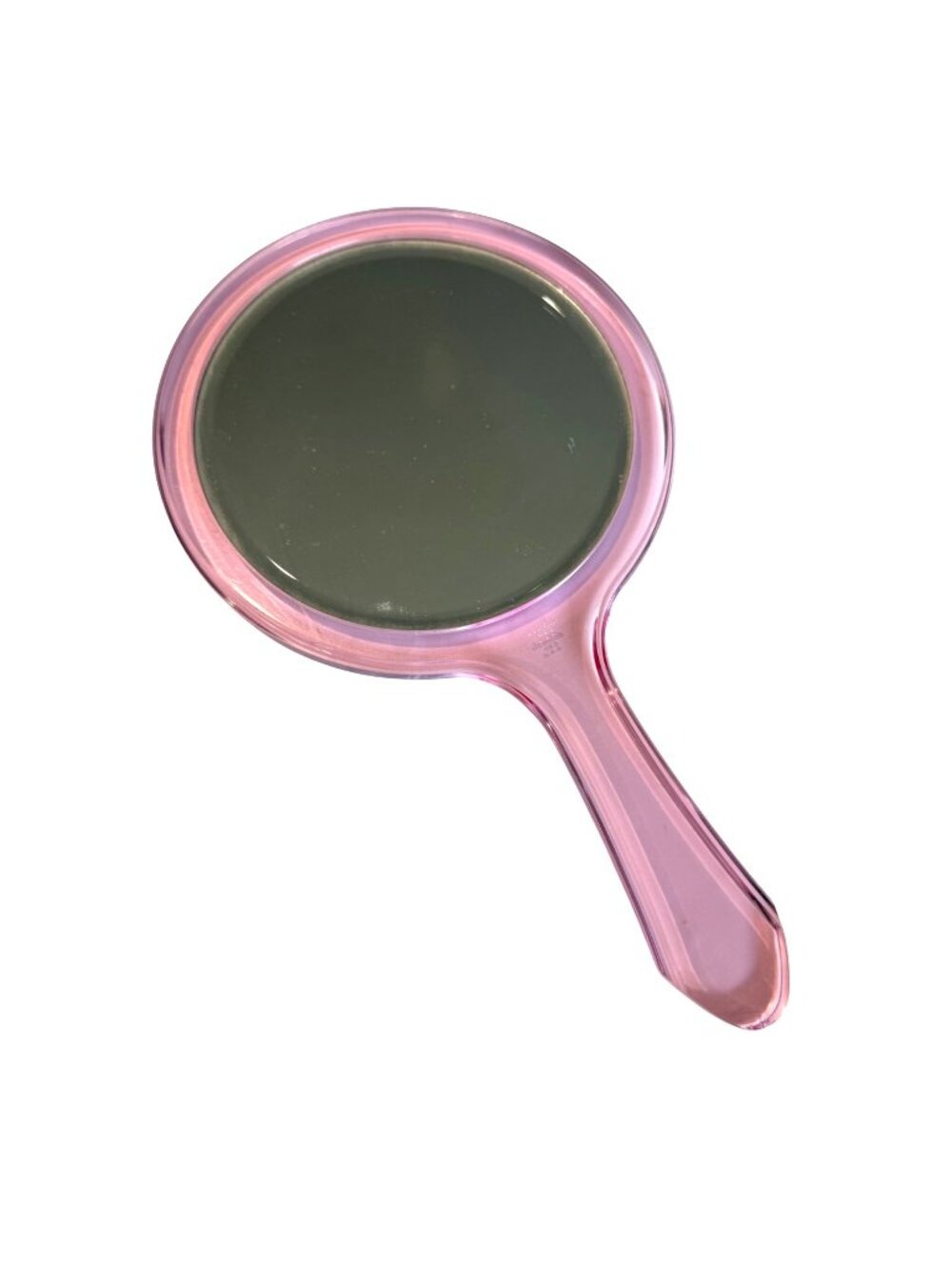 Jewelite VTG Vanity Hand Mirror Lucite Pink Round 450 Handle Glass USA Clear